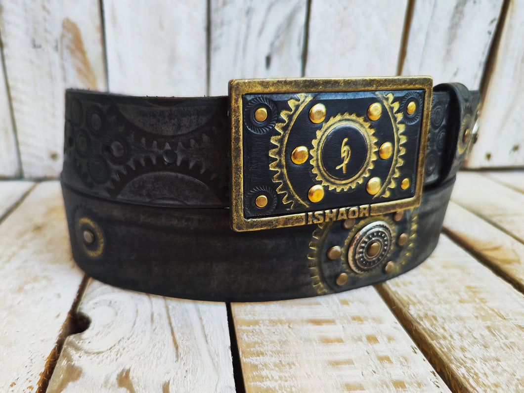Handcrafted Leather Belt with Motorcycle Gear Stamps Silver Studs Touch of Gold and Matching Buckle