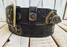 Handcrafted Leather Belt with Motorcycle Gear Stamps Silver Studs Gold Accents and Matching Buckle