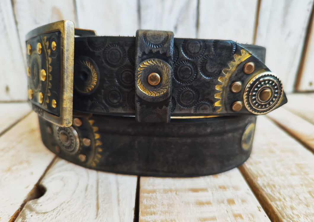 Handcrafted Leather Belt with Motorcycle Gear Stamps Silver Studs Touch of Gold and Matching Buckle