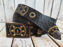 Handcrafted Leather Belt with Motorcycle Gear Stamps Silver Studs Gold Accents and Matching Buckle