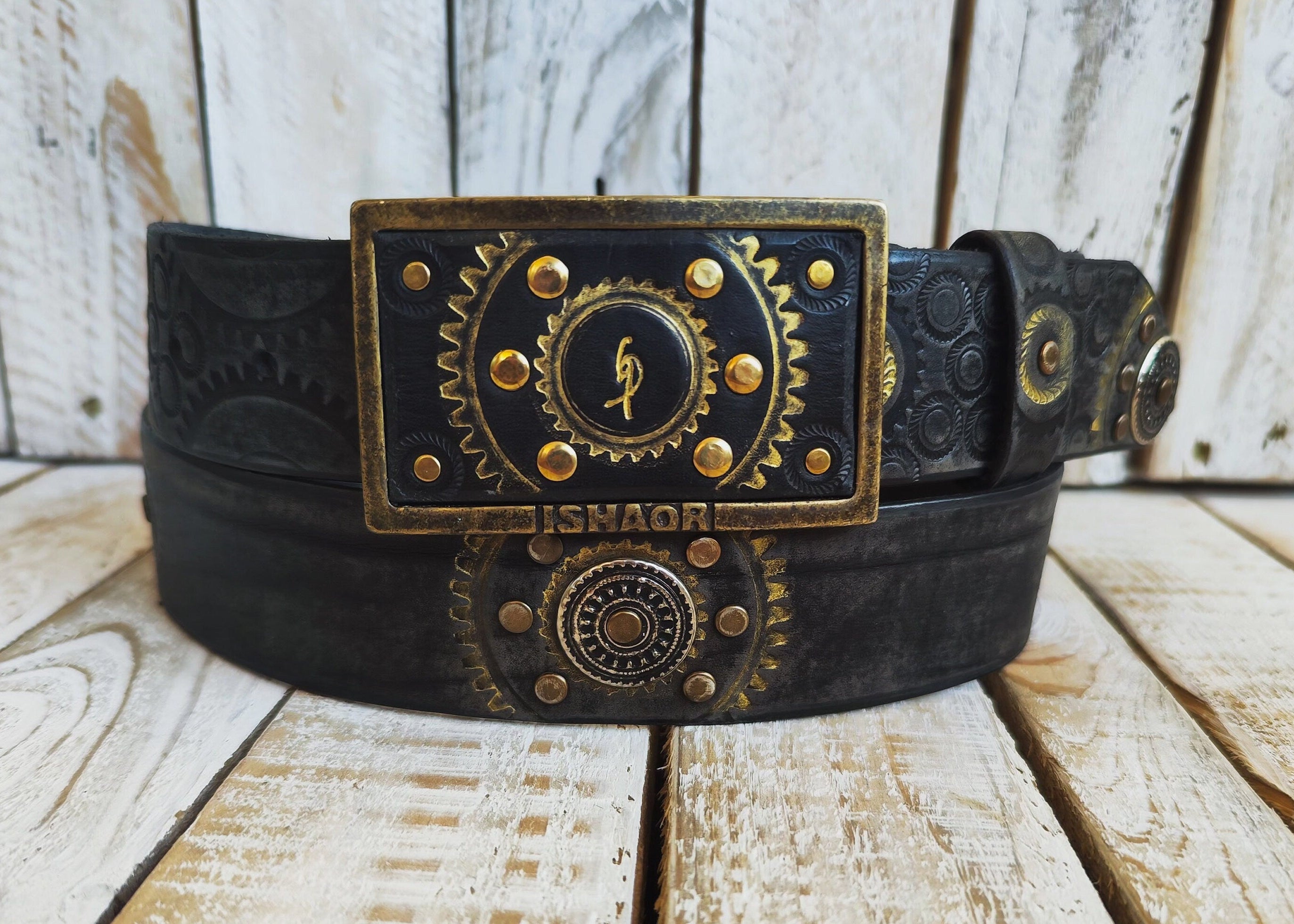Handcrafted Leather Belt with Motorcycle Gear Stamps Silver Studs Touch of Gold and Matching Buckle