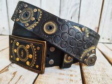Handcrafted Leather Belt with Motorcycle Gear Stamps Silver Studs Gold Accents and Matching Buckle