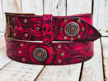 Handcrafted Red Leather Biker Belt with Motorcycle Stamps Black Wash Silver Studs and Coins