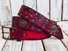 Handcrafted Red Leather Biker Belt with Motorcycle Stamps Black Wash Silver Studs and Coins