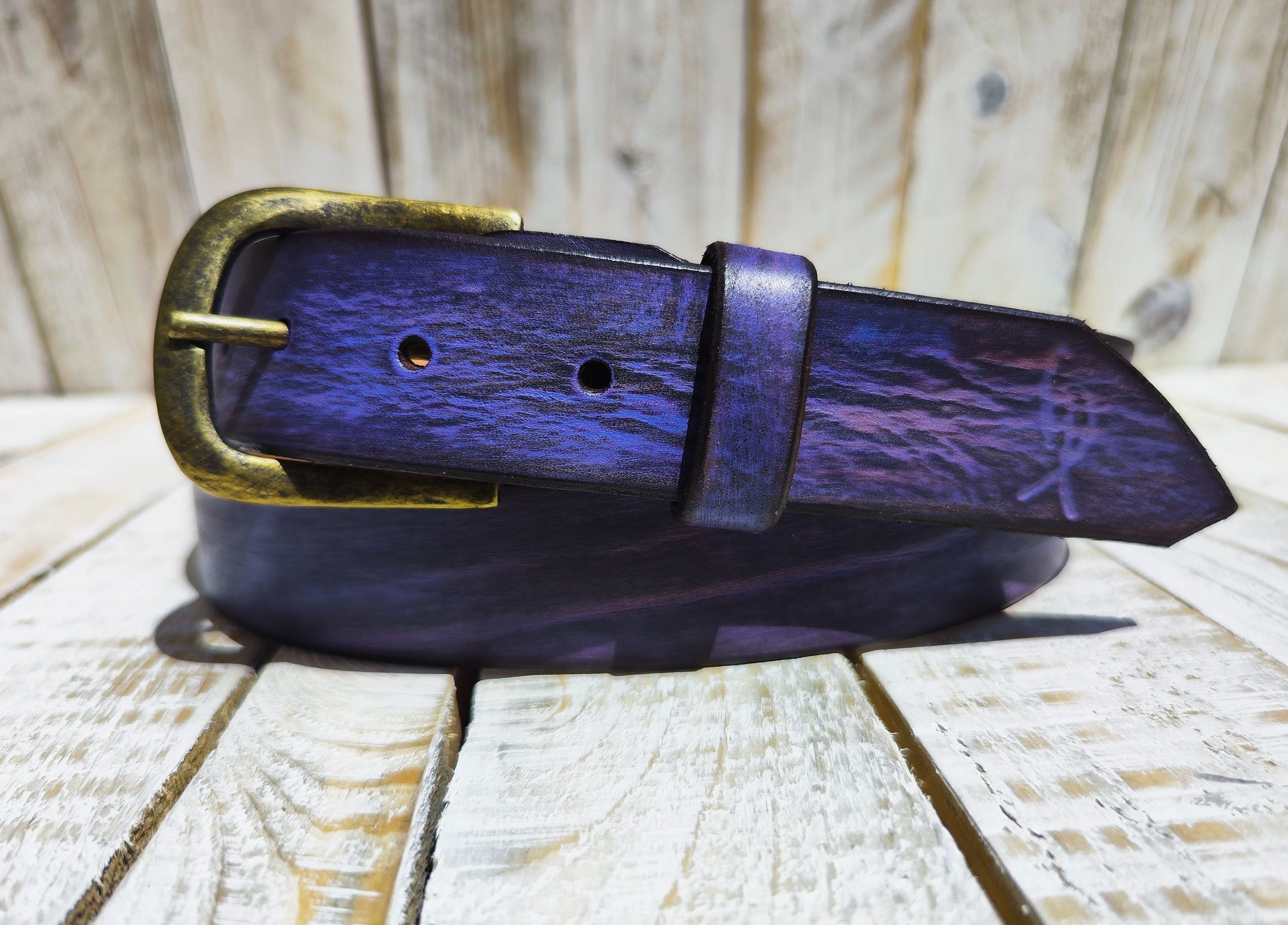 Handcrafted Purple Leather Belt with Black Wash and Ancient Gold Buckle - Regal Elegance