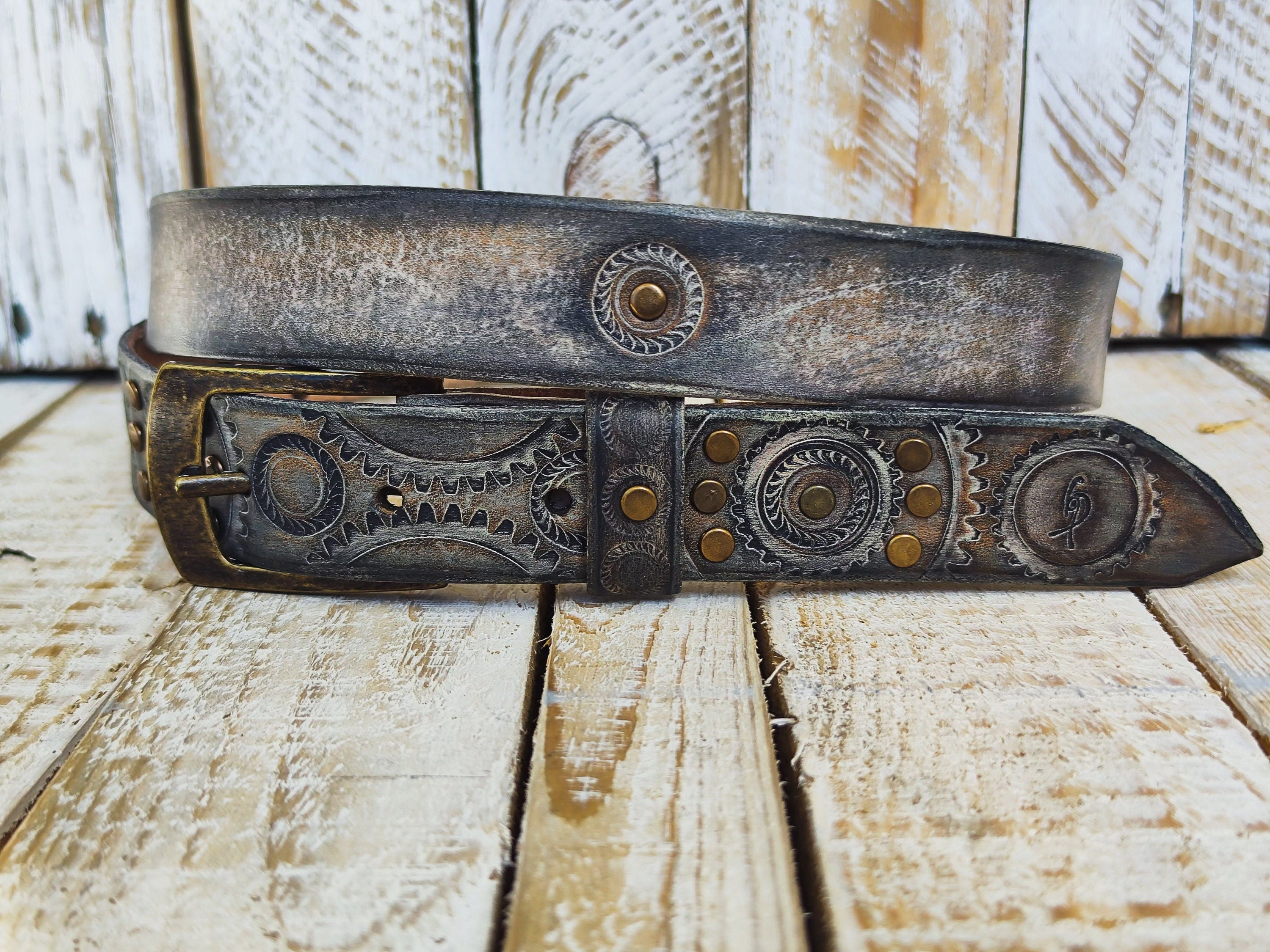 Handmade Leather Motorcycle Belt Rugged White Vintage Brown Wash with Gear Stamps Studs