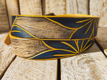 Artisanal White Leather Belt with Engraved Blue Flower Design, Black Wash Finish, and Gilded Details