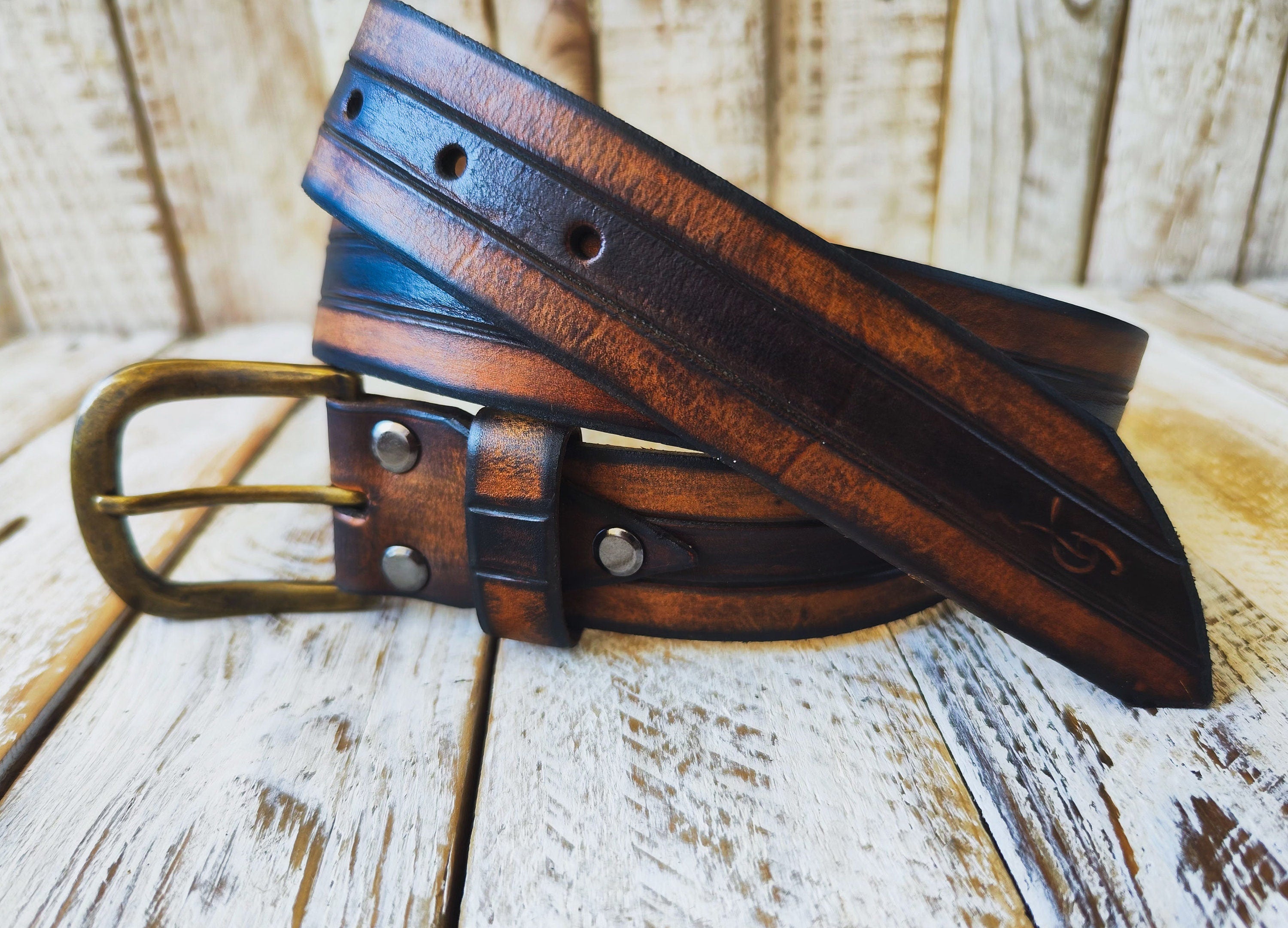 Handcrafted Leather Belt with Three Stripes in Brown Bronze Removable Buckle - Premium Quality for Men