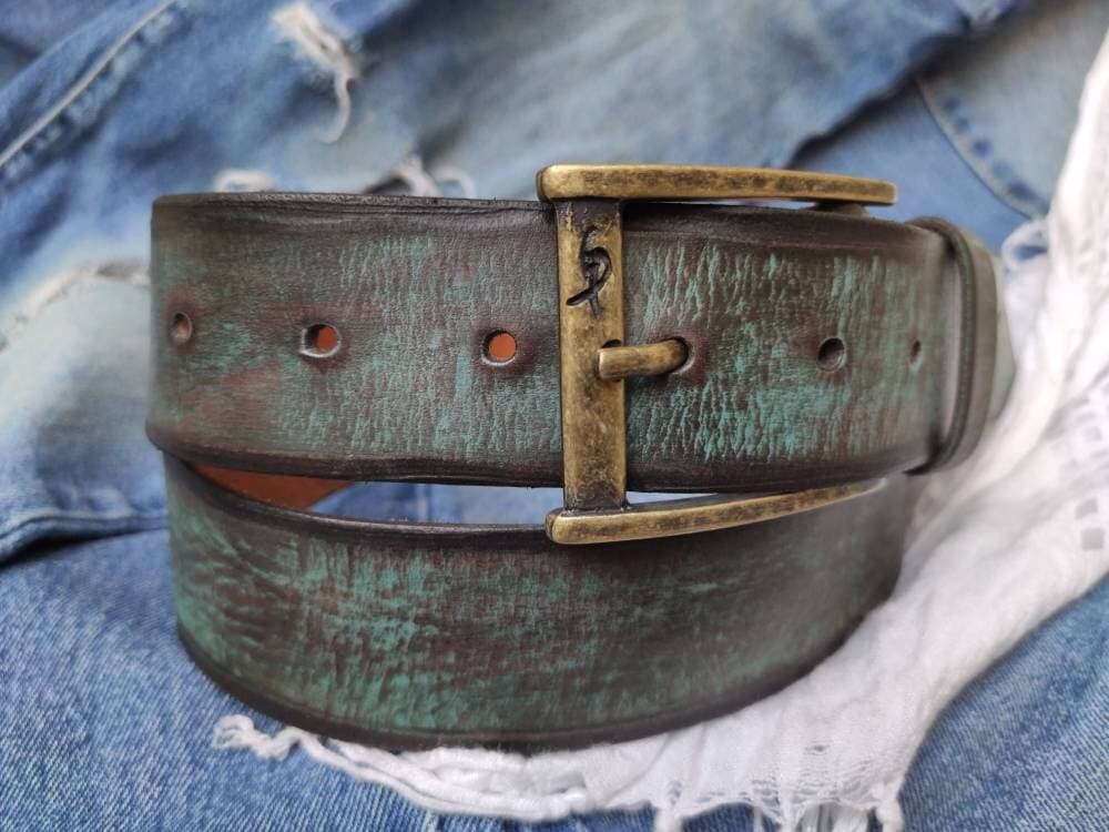 Turquoise Leather Belt - Distressed Finish Personalized for a Unique Touch - Perfect for Jeans or as a Stunning Gift