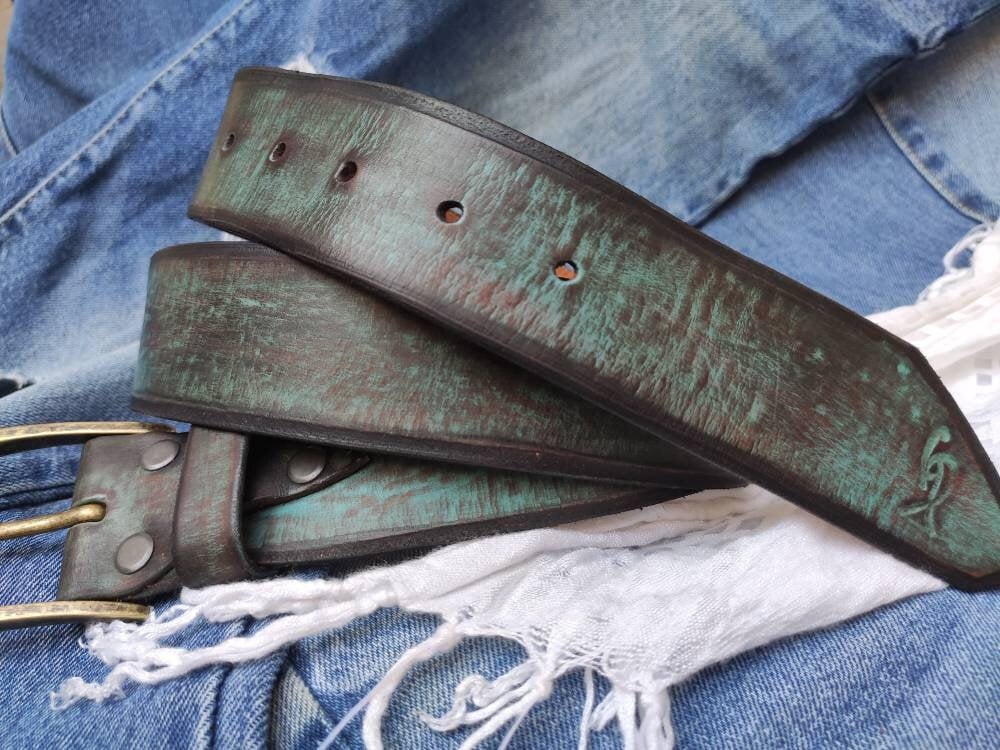 Turquoise Leather Belt - Distressed Finish Personalized for a Unique Touch - Perfect for Jeans or as a Stunning Gift