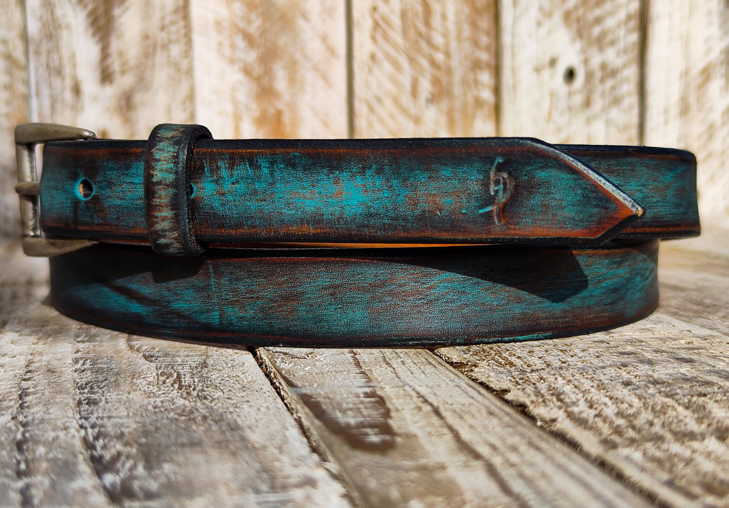 Stylish Distressed Turquoise Leather Belt with Silver Buckle - Perfect for Men and Womens Jeans