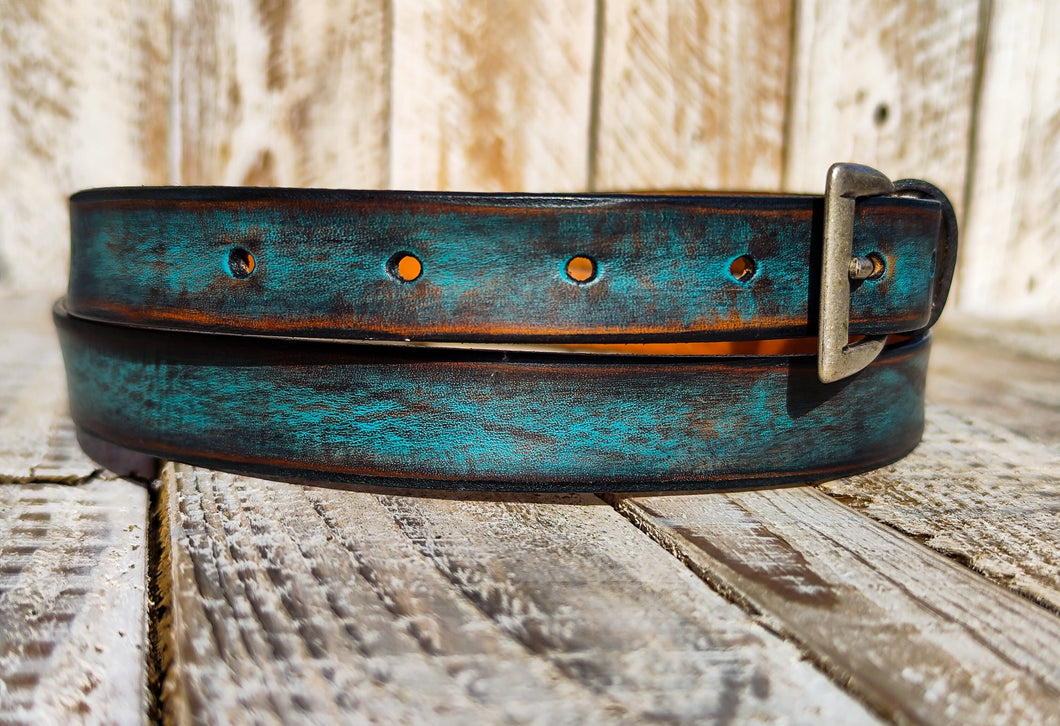 Stylish Distressed Turquoise Leather Belt with Silver Buckle - Perfect for Men and Womens Jeans