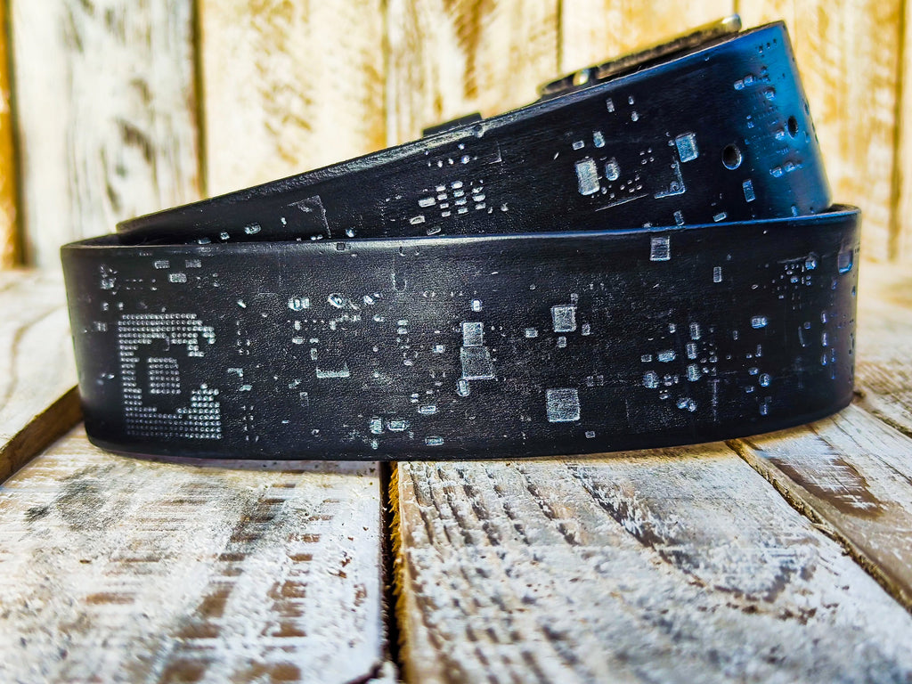 Unique Cyberpunk Black Leather Belt with Tech Print and