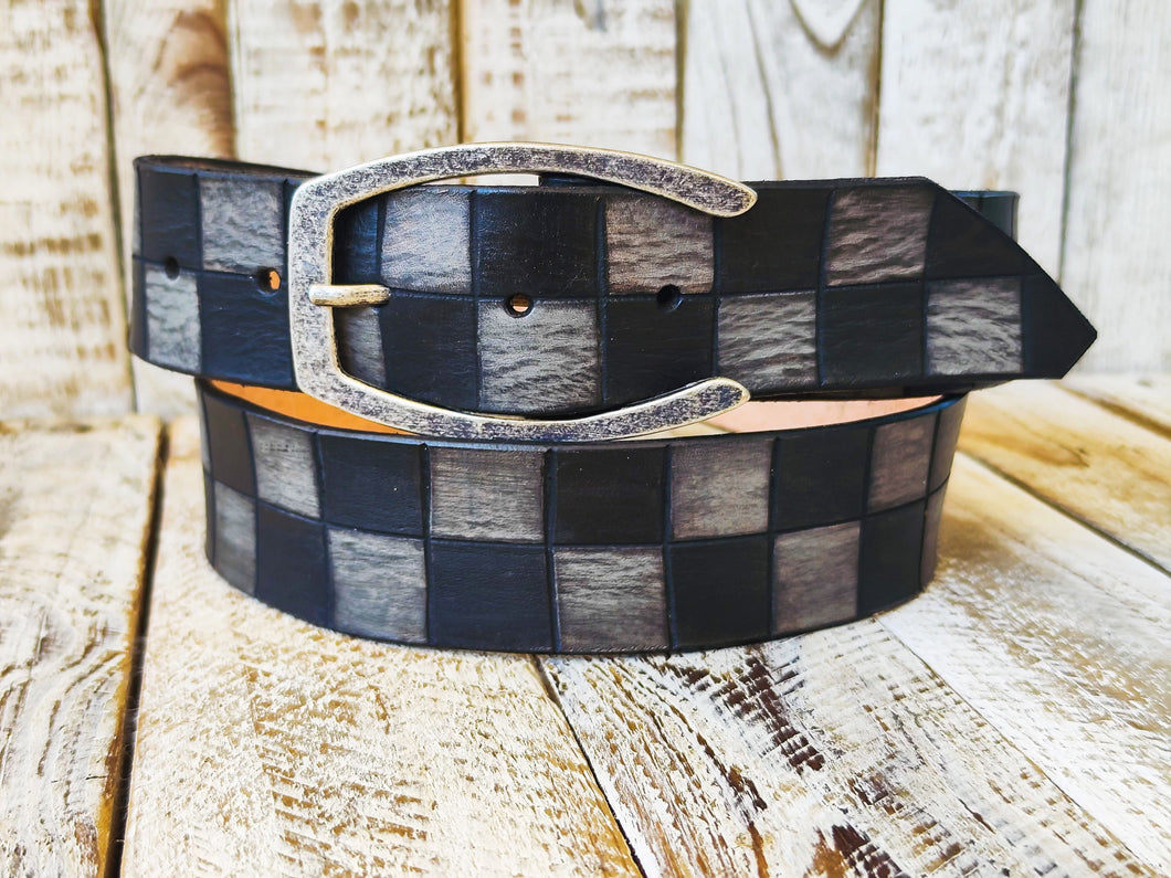 Black and Gray Checkered Leather Belt with Silver Buckle and black wash. Handmade product by Ishaor, A Statement Piece for Any Outfit.