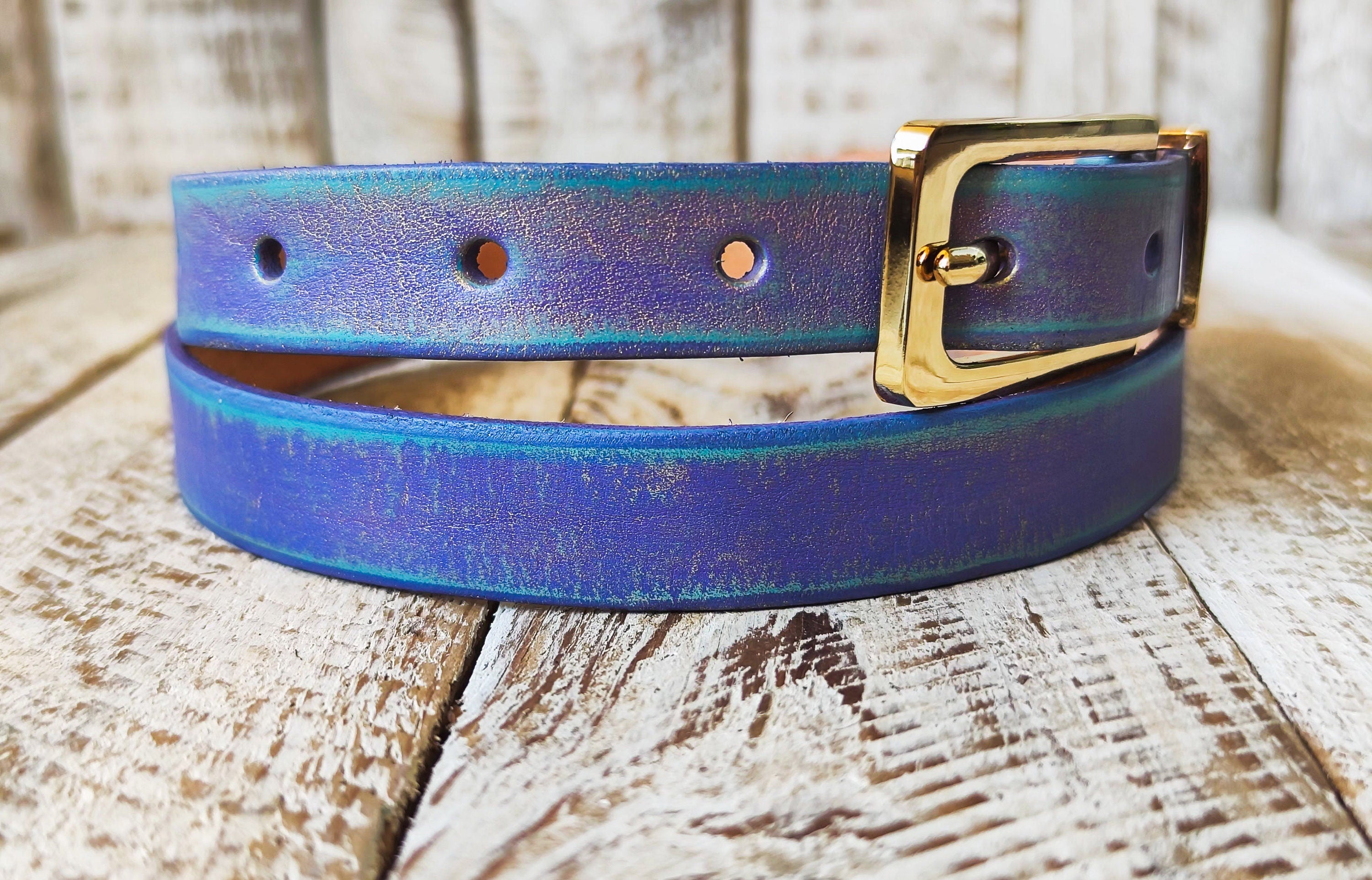 Handcrafted Narrow Purple Leather Belt with Turquoise Wash and Gold Finish for Women - Elegant Design with Gold Buckle