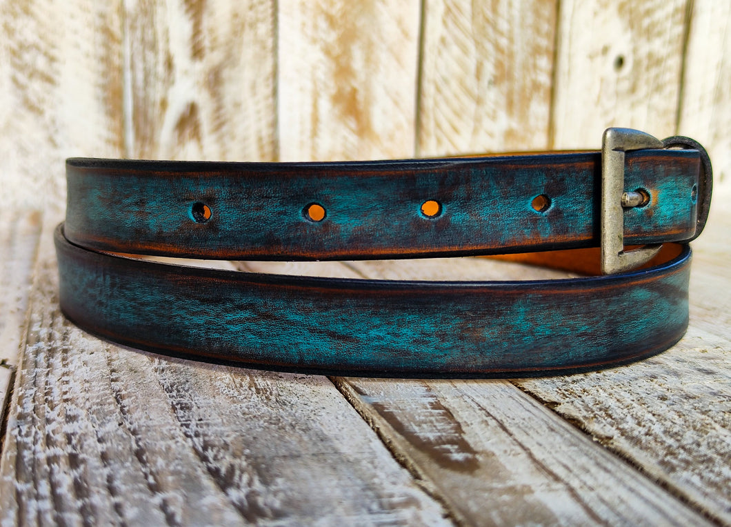 Stylish Distressed Turquoise Leather Belt with Silver Buckle - Perfect for Men and Womens Jeans