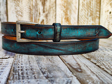 Distressed Turquoise Leather Belt with Silver Buckle - Stylish Unisex Statement Piece for Jeans