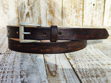 Distressed Narrow Leather Belt - Dark Brown Men and Womens Silver Buckle - Statement Piece for Jeans - Rough Finish