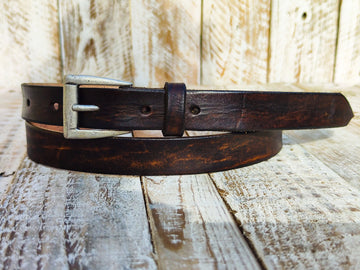 Distressed Narrow Leather Belt - Dark Brown Men and Womens Silver Buckle - Statement Piece for Jeans - Rough Finish