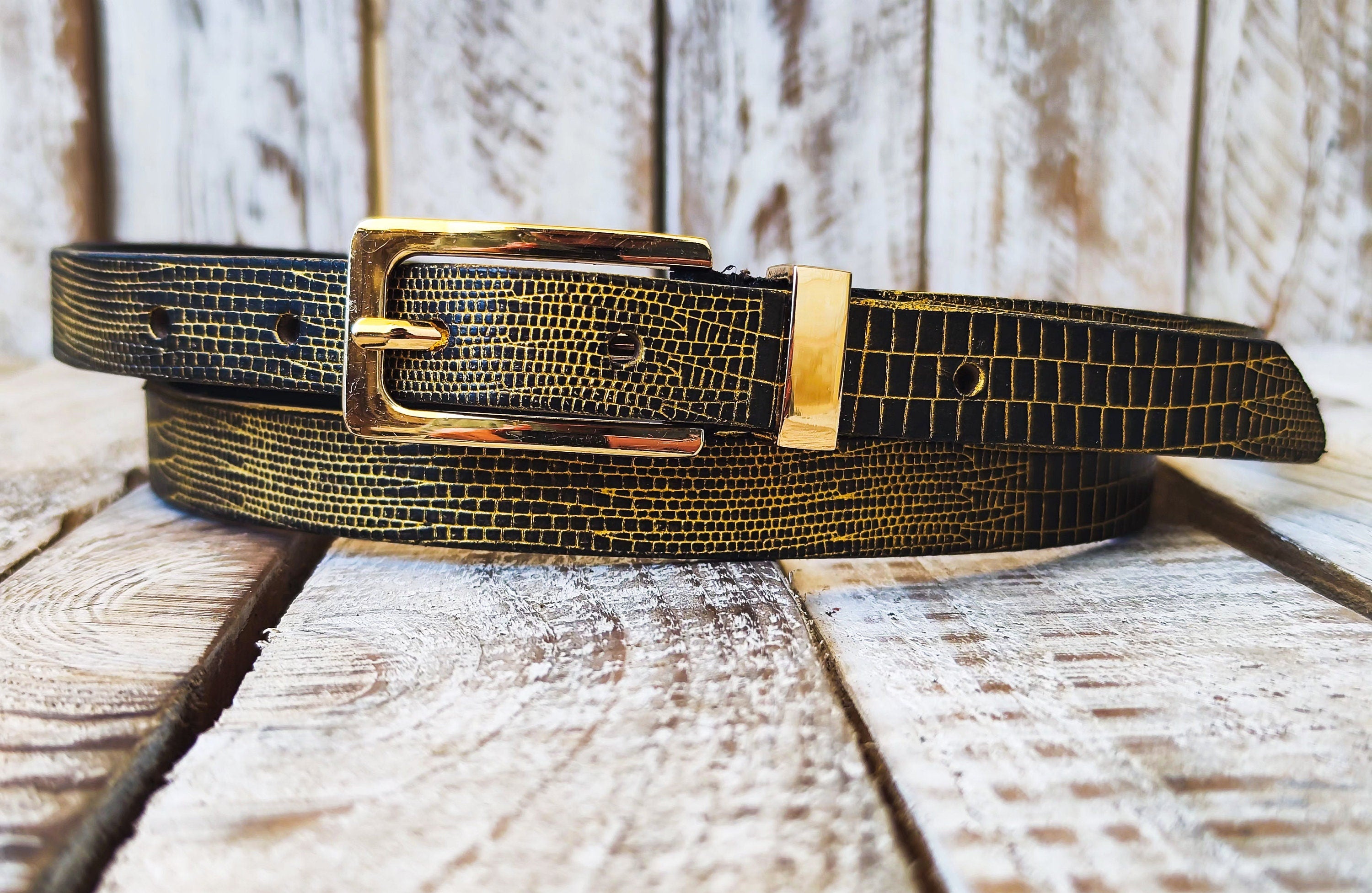 Elegant Black Leather Belt with Gold Wash and Adjustable Gold Buckle - Perfect Everyday Accessory and Gift