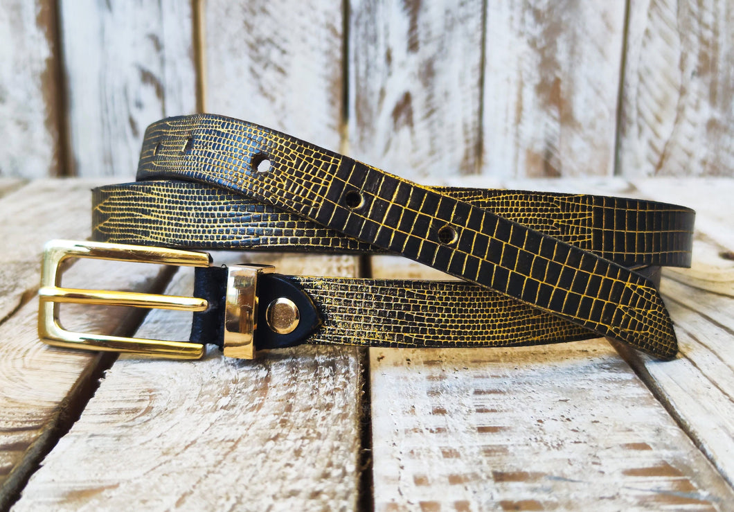 Elegant Black Leather Belt with Gold Wash and Adjustable Gold Buckle - Perfect Everyday Accessory and Gift