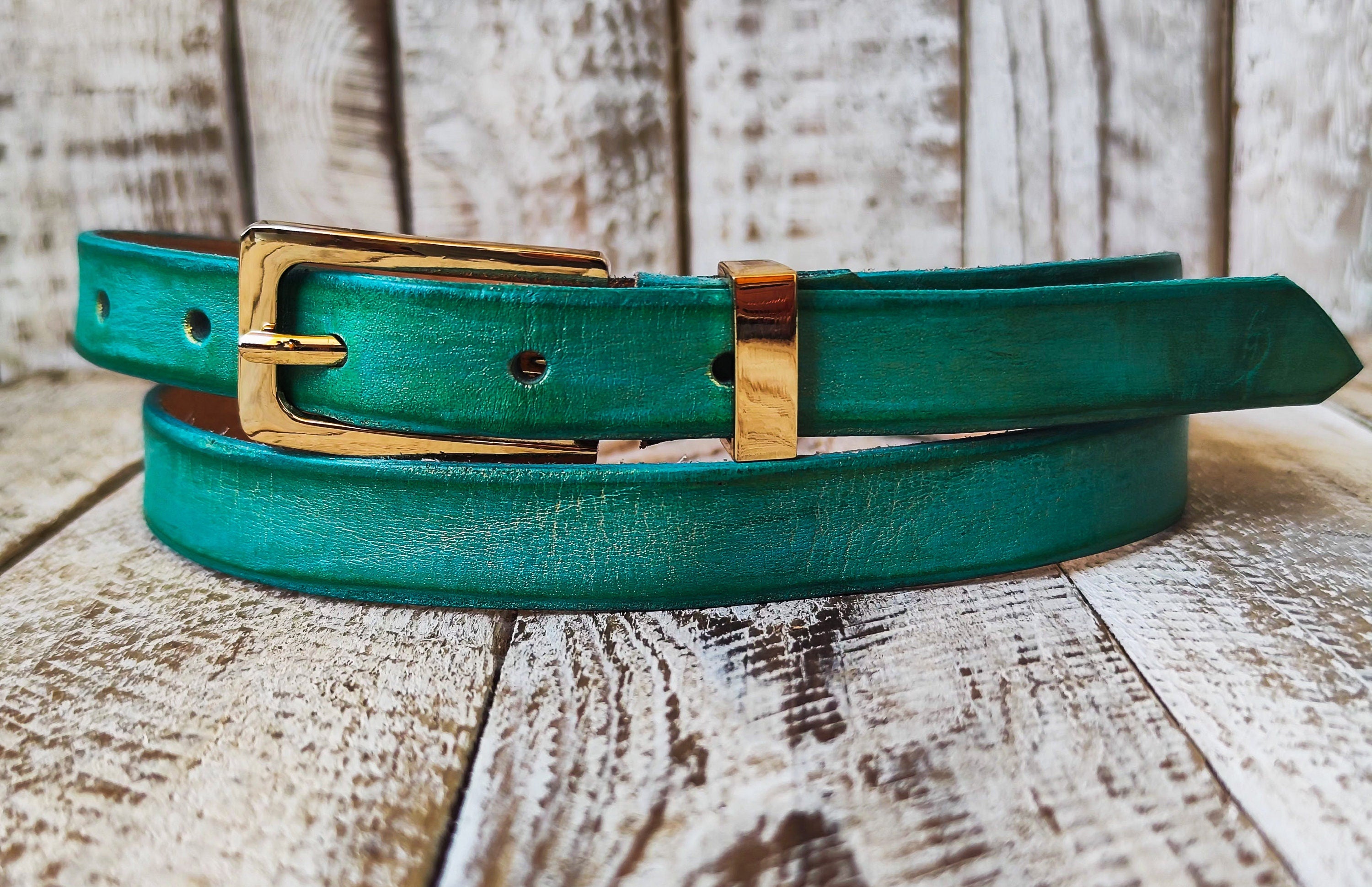 Handcrafted Narrow Turquoise Leather Belt with Gold Buckle for Women - Elegant Design Unique Color