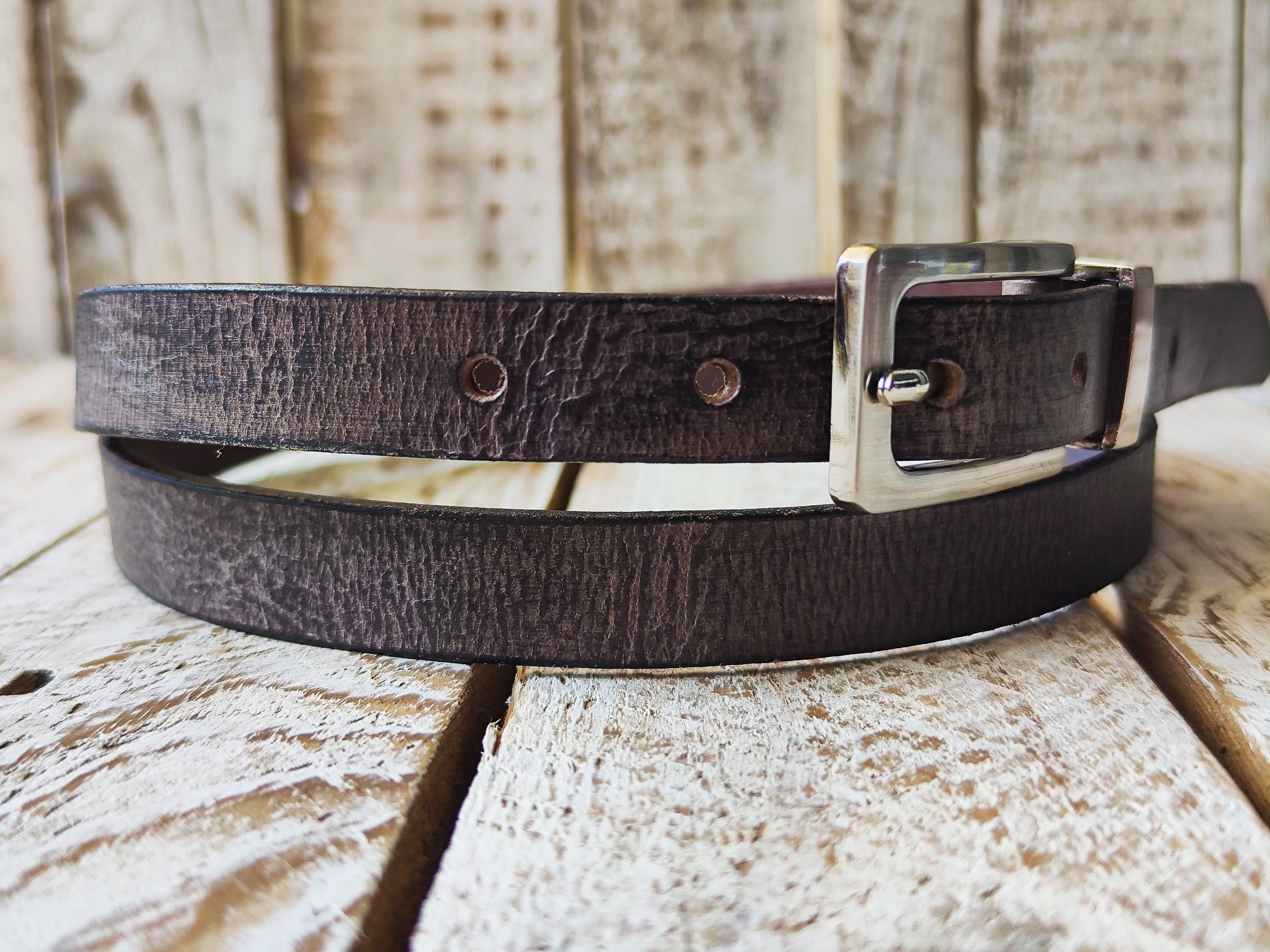 Handmade Grey Narrow Leather Belt with Black Wash Silver Buckle - Stylish Unisex Accessory
