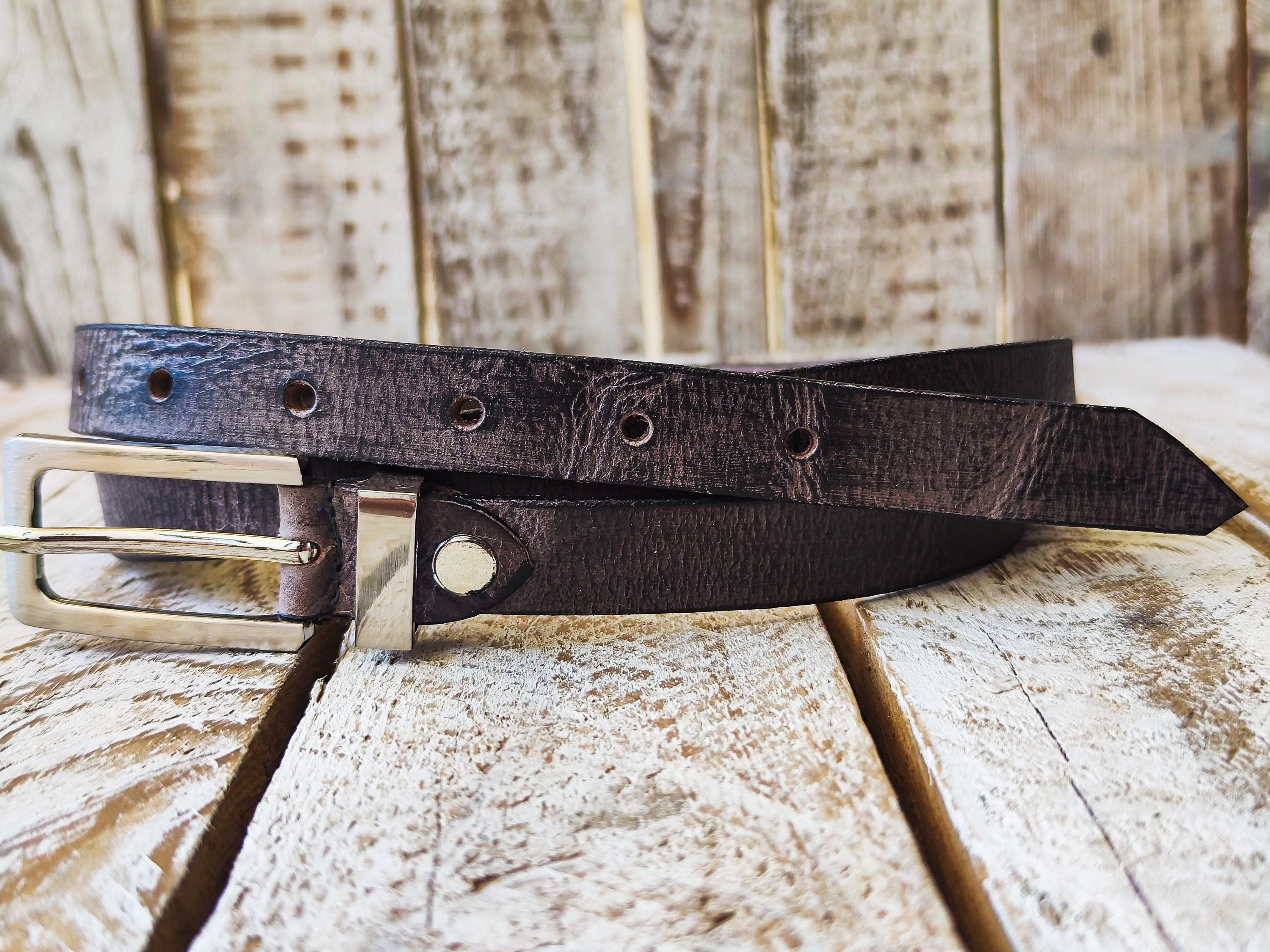 Handmade Grey Narrow Leather Belt with Black Wash Silver Buckle - Stylish Unisex Accessory