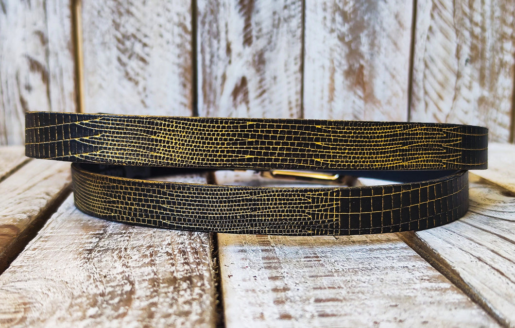 Elegant Black Leather Belt with Gold Wash and Adjustable Gold Buckle - Perfect Everyday Accessory and Gift