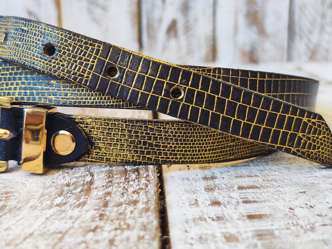 Elegant Black Leather Belt with Gold Wash and Adjustable Gold Buckle - Perfect Everyday Accessory and Gift