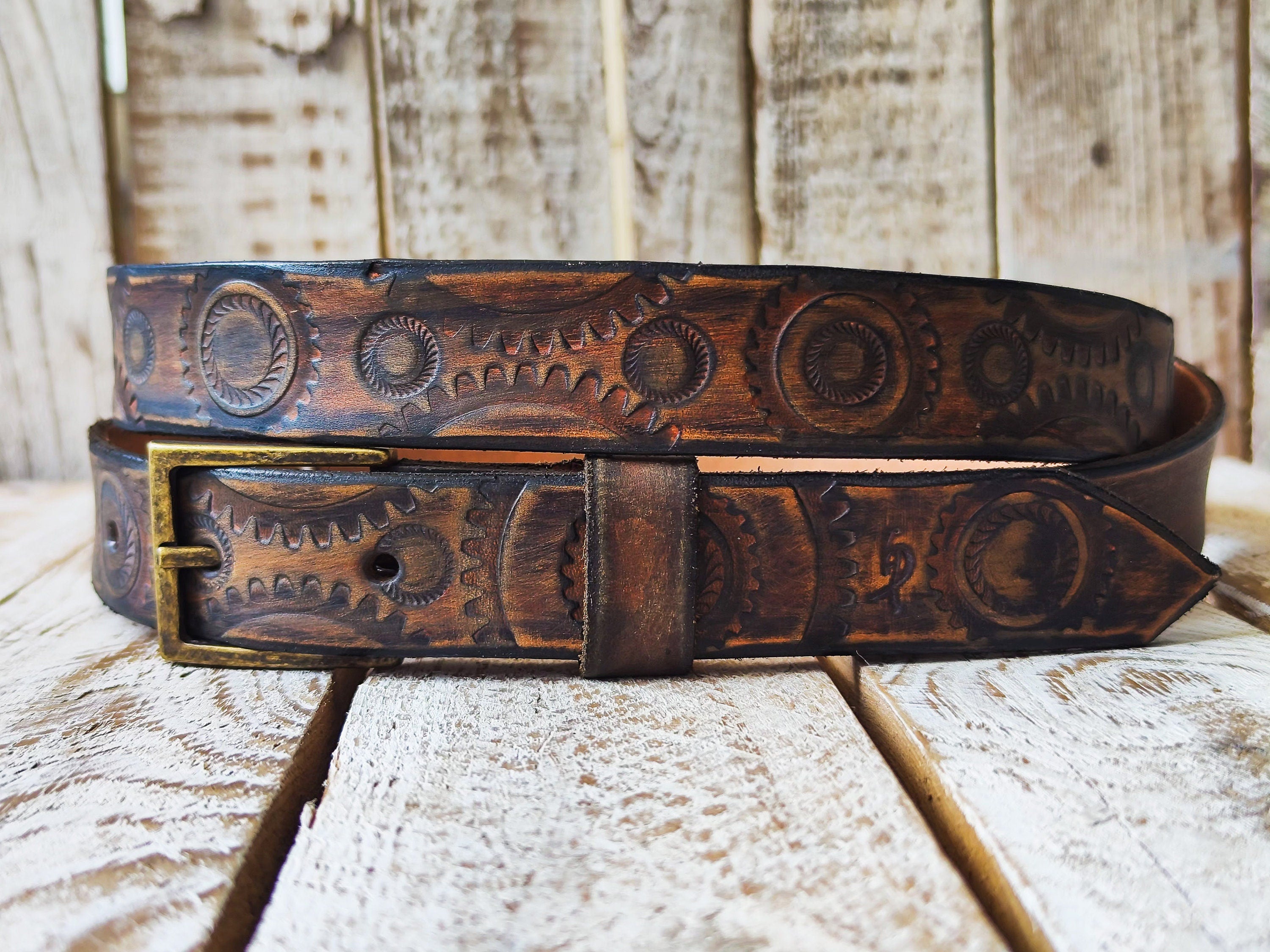Handmade Rugged Leather Belt for Bikers - Vintage Brown Motorcycle Gear Stamps - Personalized Gift