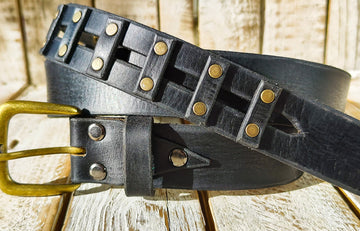 Handcrafted original Black Leather Studded Belt (3.6cm width) with Bronze Buckle