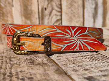 Ishaor Handmade Leather Chic Belt for Women's Flowers in Light Blue & Orange | Spring Fashion , 2cm narrow belt