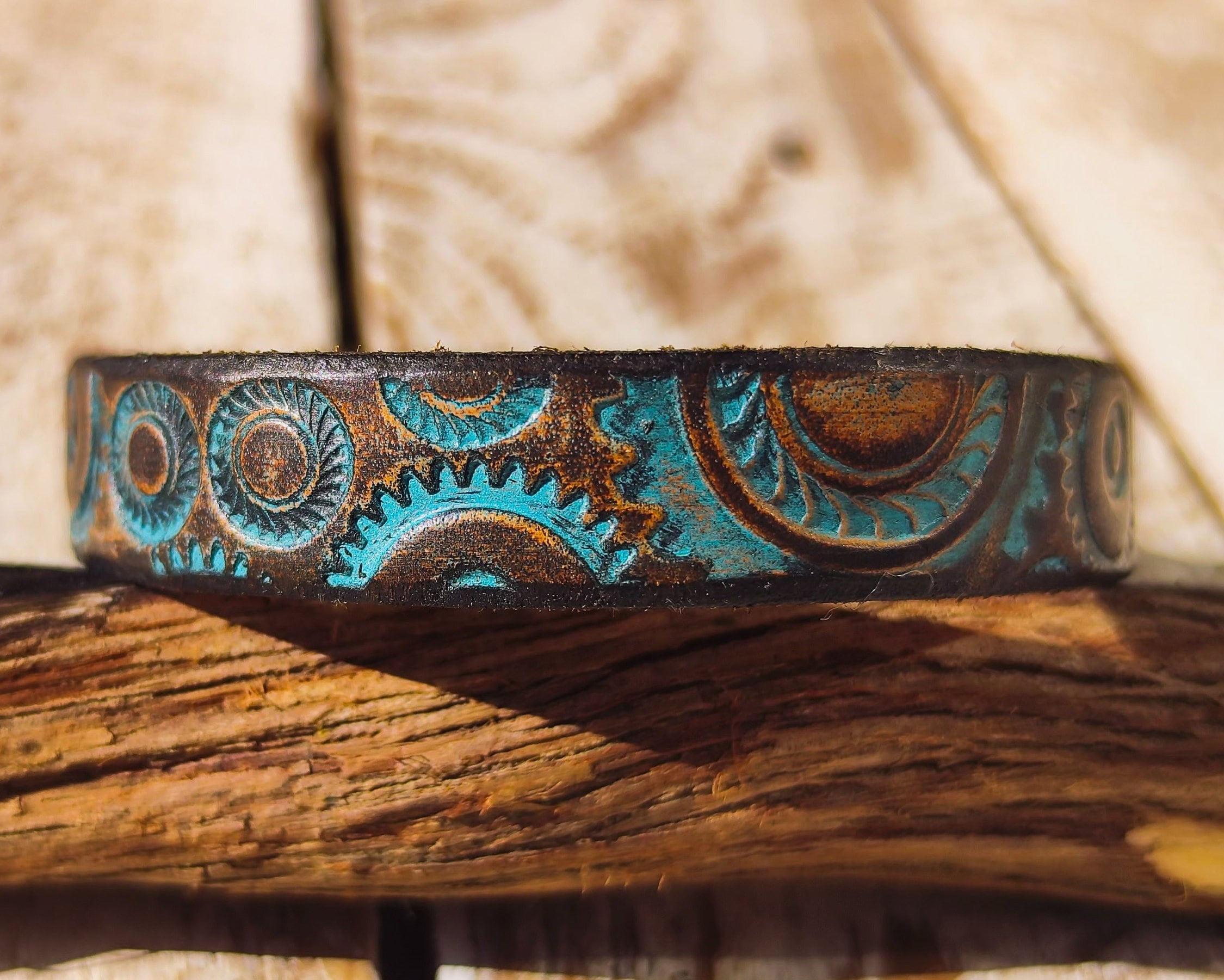 Handcrafted Leather Steampunk Bracelet with 15cm Motorcycle Gear Design in Brown and Turquoise by ISHAOR