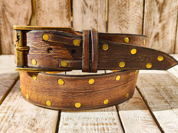 Handmade Brown Leather Belt with Blackened Gold Rivets - Rock and Roll - Gift for Men