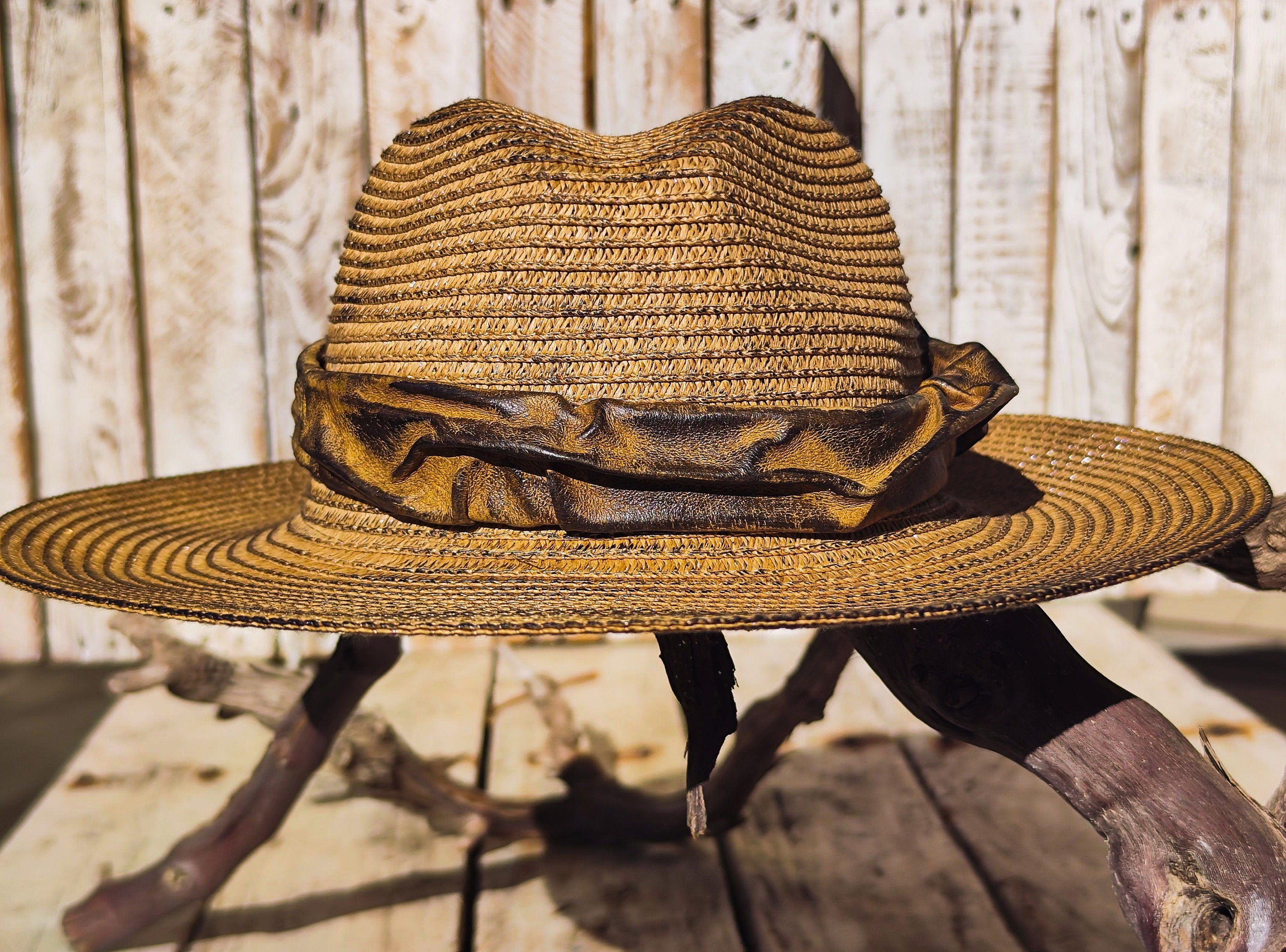 Handmade Straw Hat with Leather Band Removable Peacock Feather - Unique Artistic Design