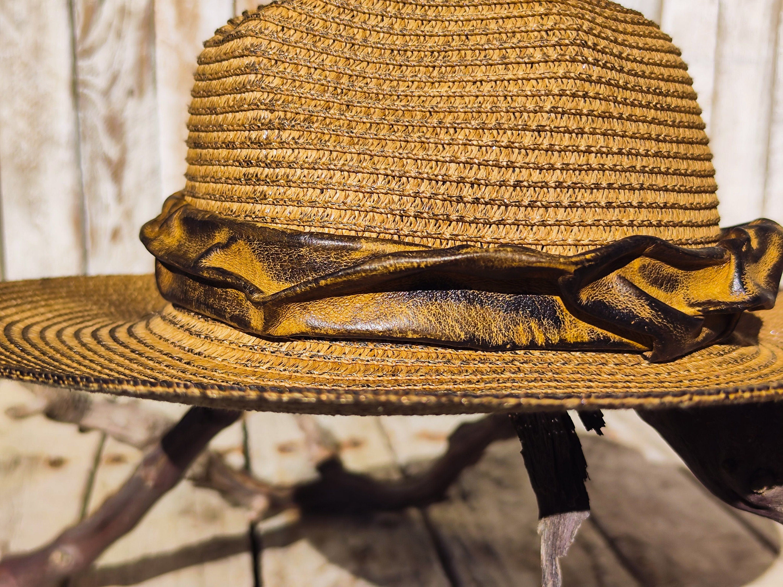 Handmade Straw Hat with Leather Band Removable Peacock Feather - Unique Artistic Design