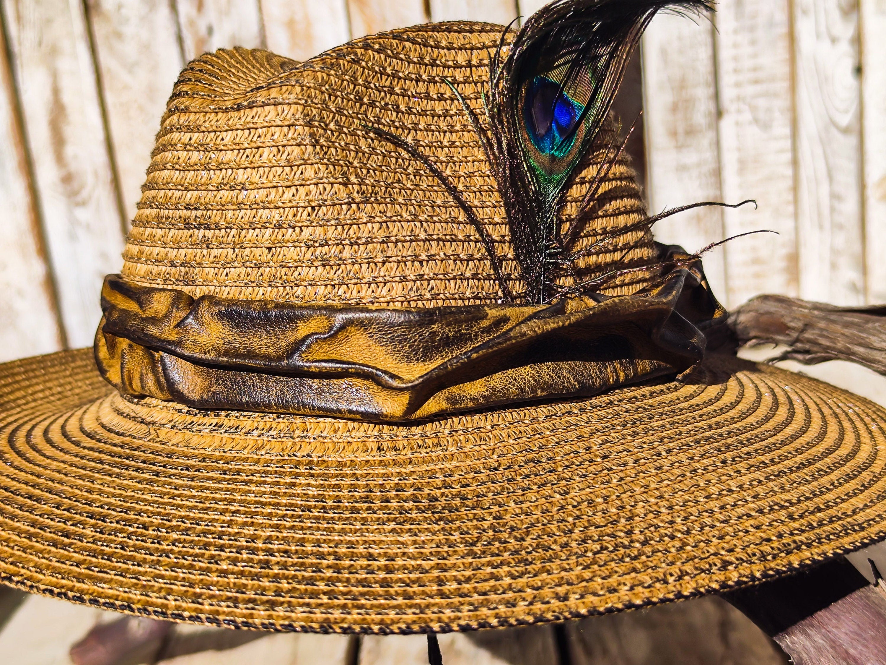 Handmade Straw Hat with Leather Band Removable Peacock Feather - Unique Artistic Design