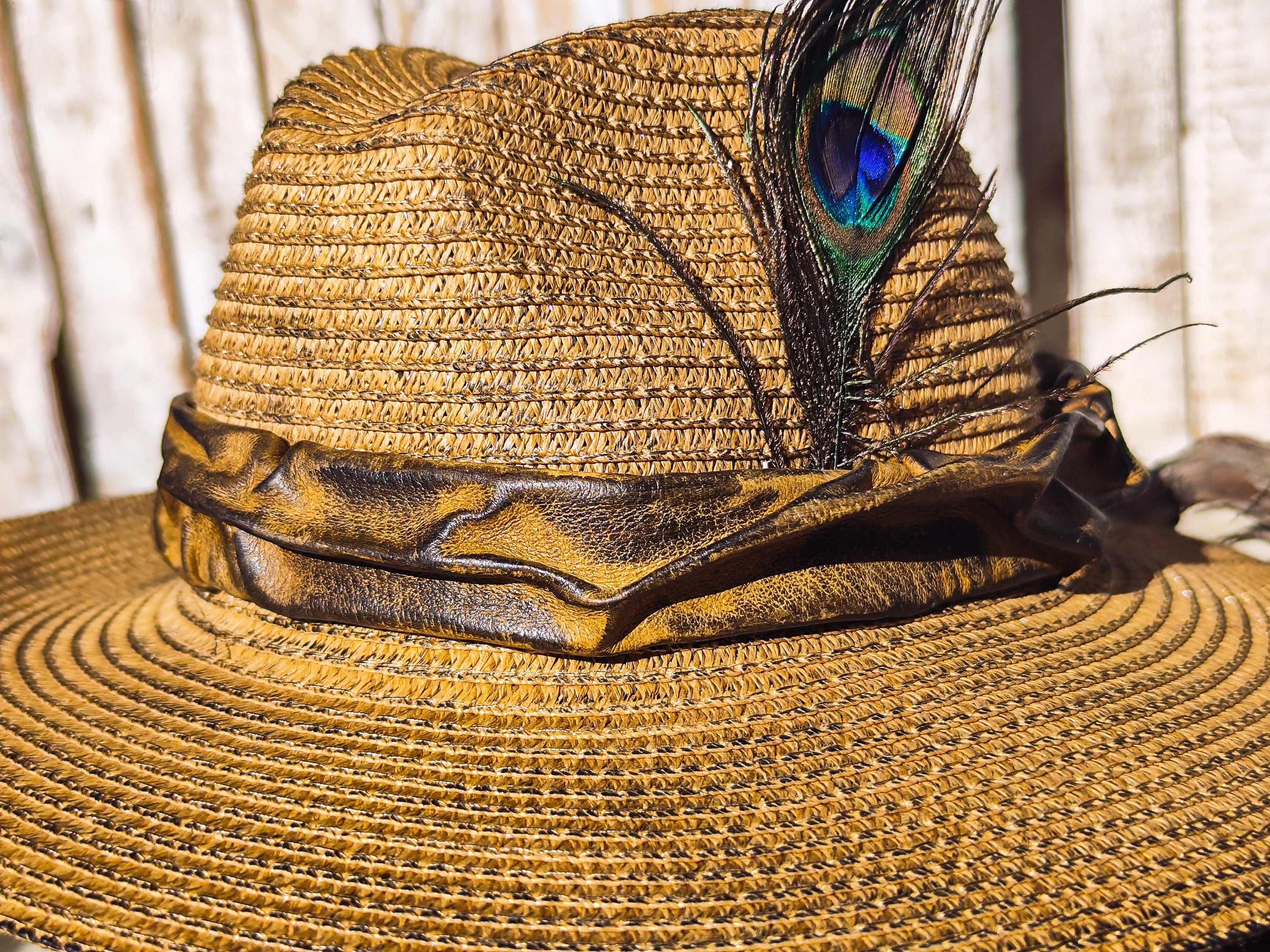 Handmade Straw Hat with Leather Band Removable Peacock Feather - Unique Artistic Design