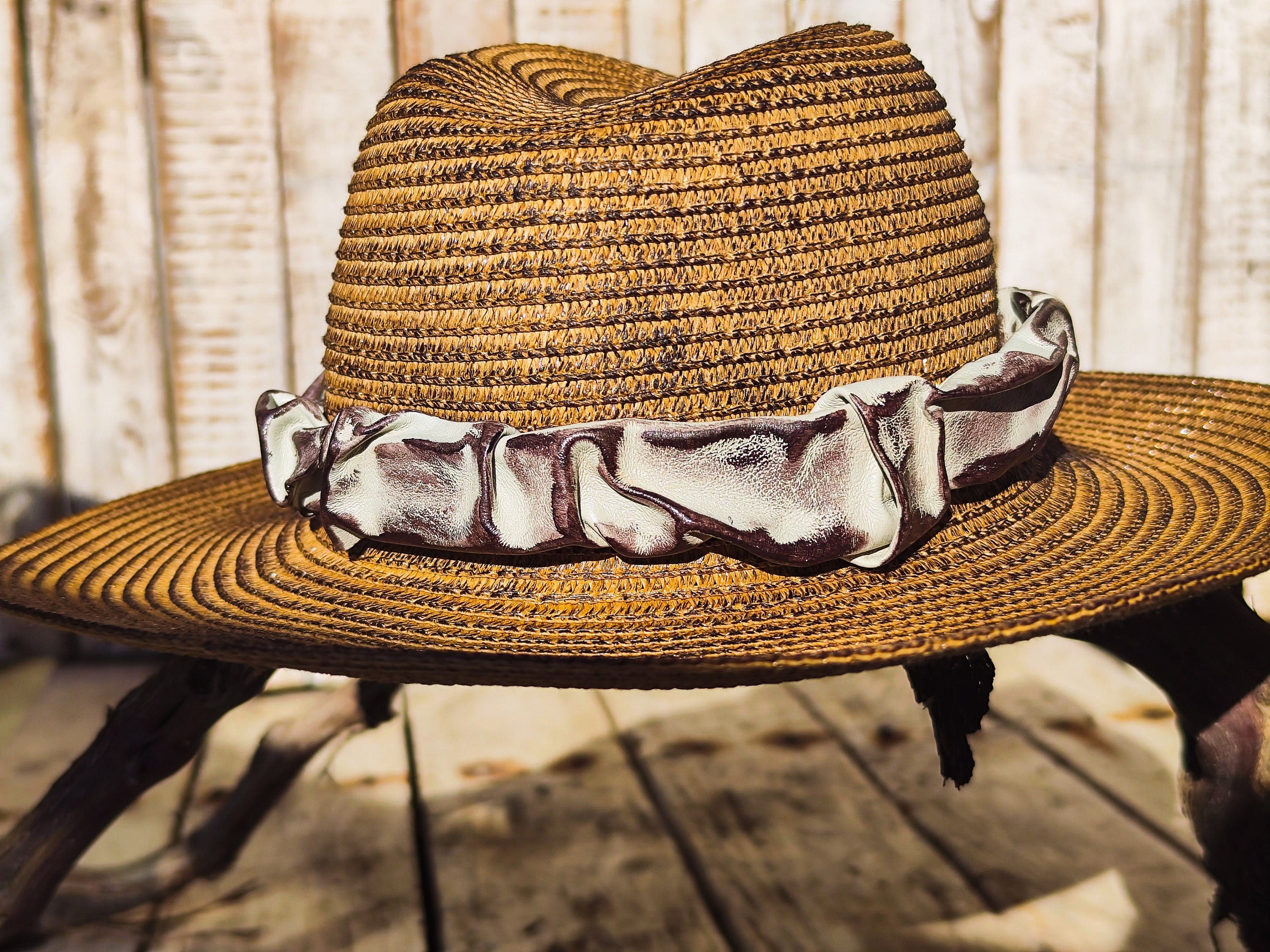 Handcrafted Straw Hat with Intricate Carved Leather Band - Unique 3D Textured Design and Custom Paint