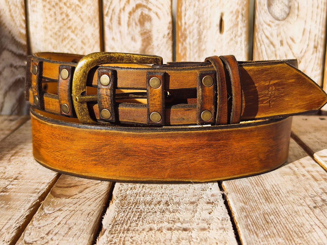 Handmade Brown Leather Belt - Unique Square Cut Design by Ishaor, 3.6 cm