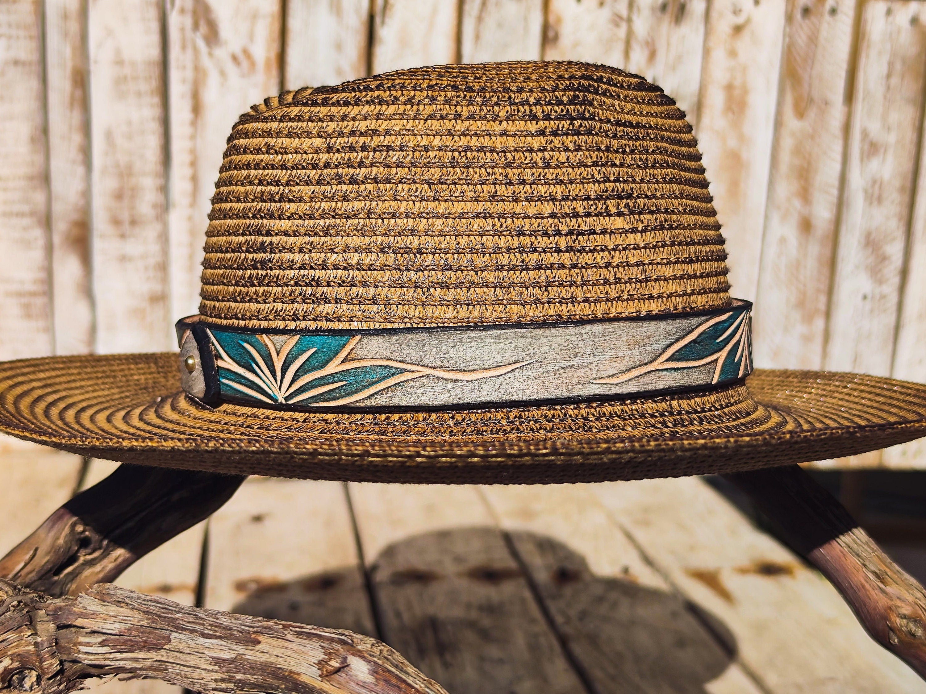 Handcrafted Boho Straw Hat with Turquoise Flower Vintage Leather Band - Unique Design