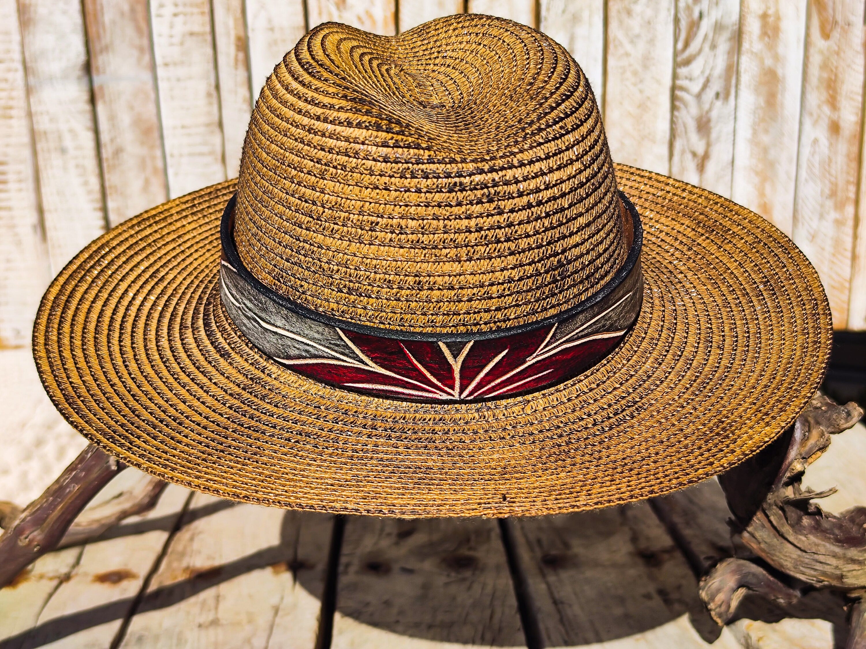 Handcrafted Boho-Chic Straw Hat with Red Flower Brown Leather Band Unique Design