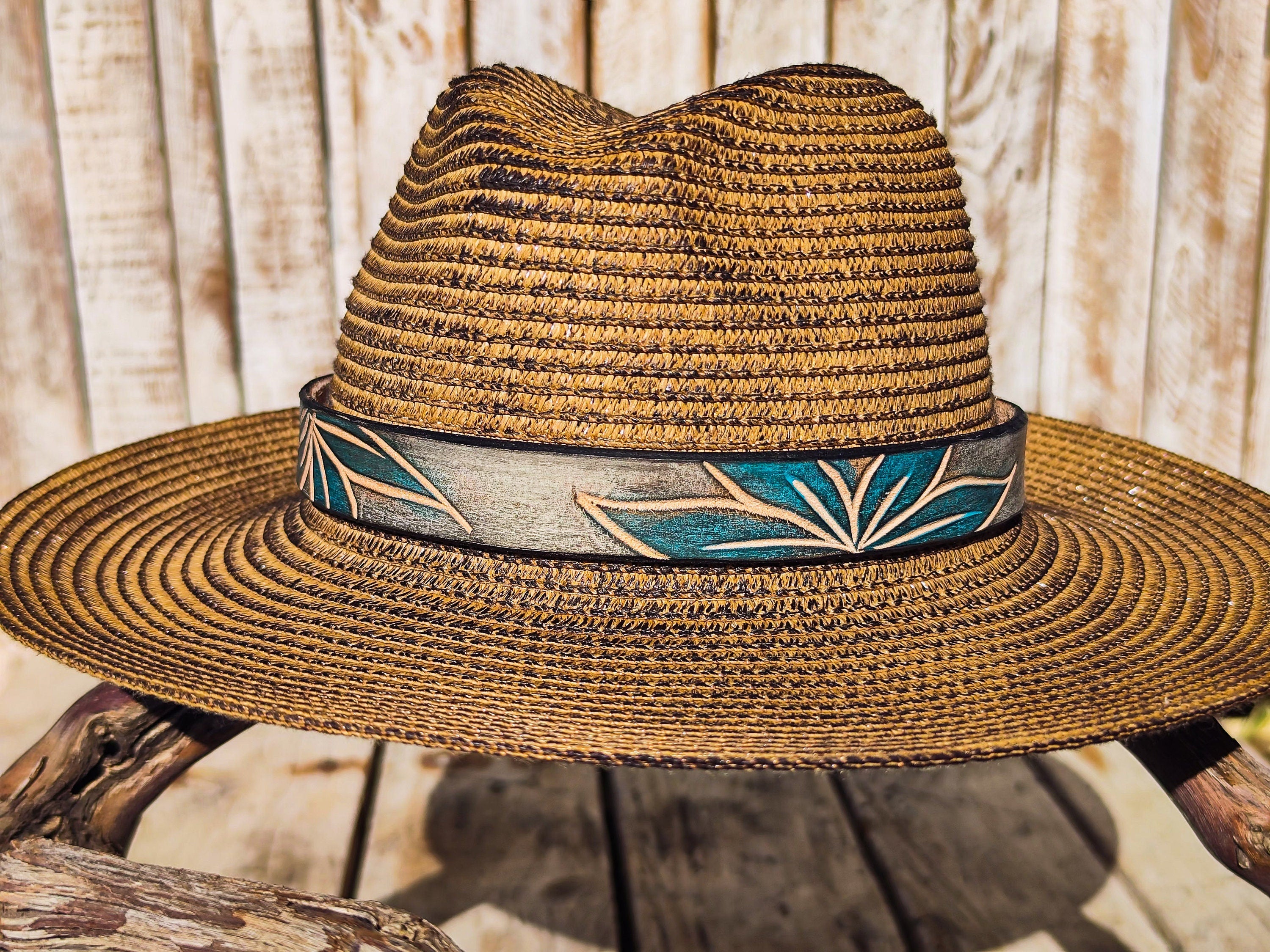 Handcrafted Boho Straw Hat with Turquoise Flower Vintage Leather Band - Unique Design