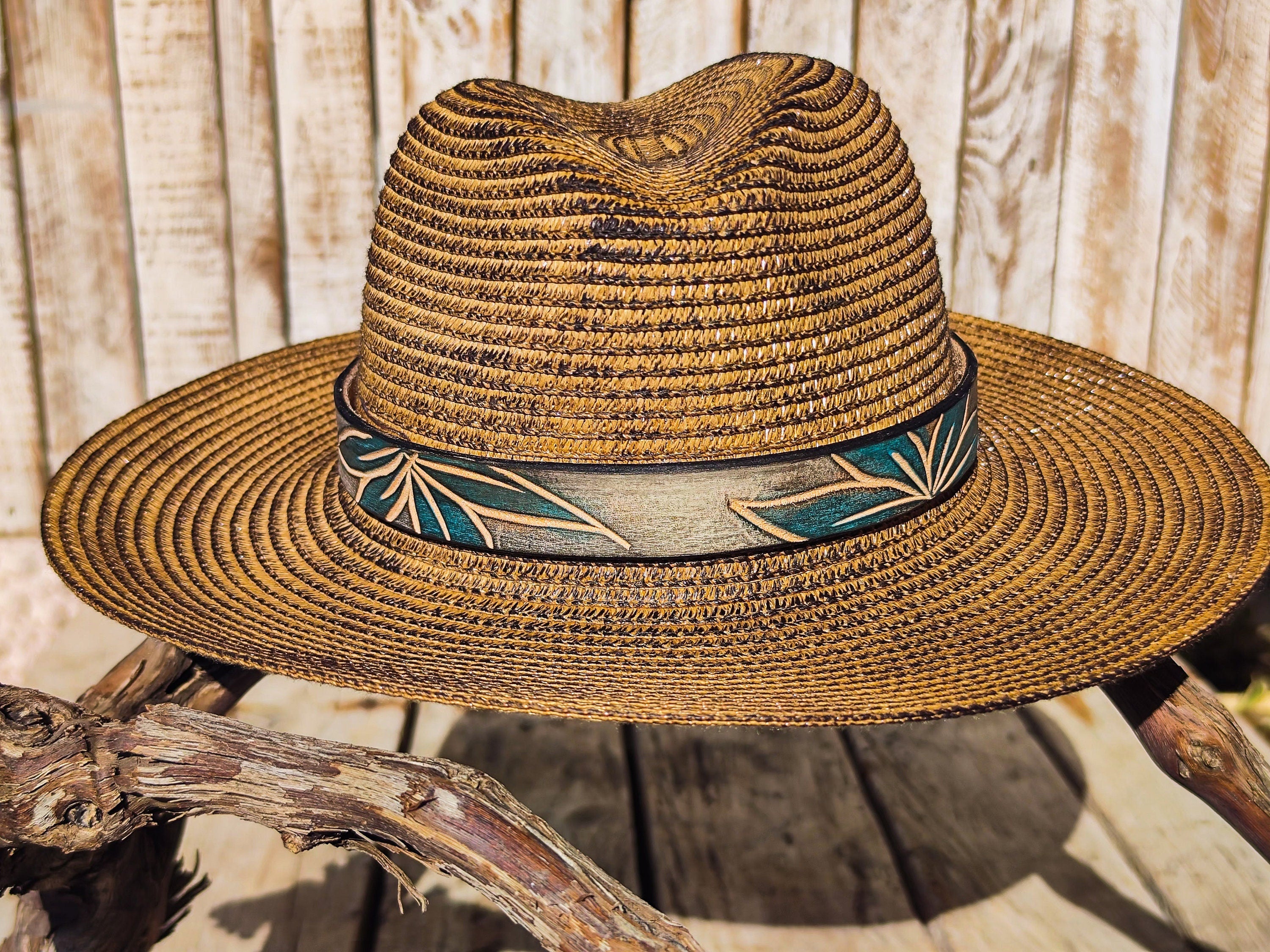 Handcrafted Boho Straw Hat with Turquoise Flower Vintage Leather Band - Unique Design