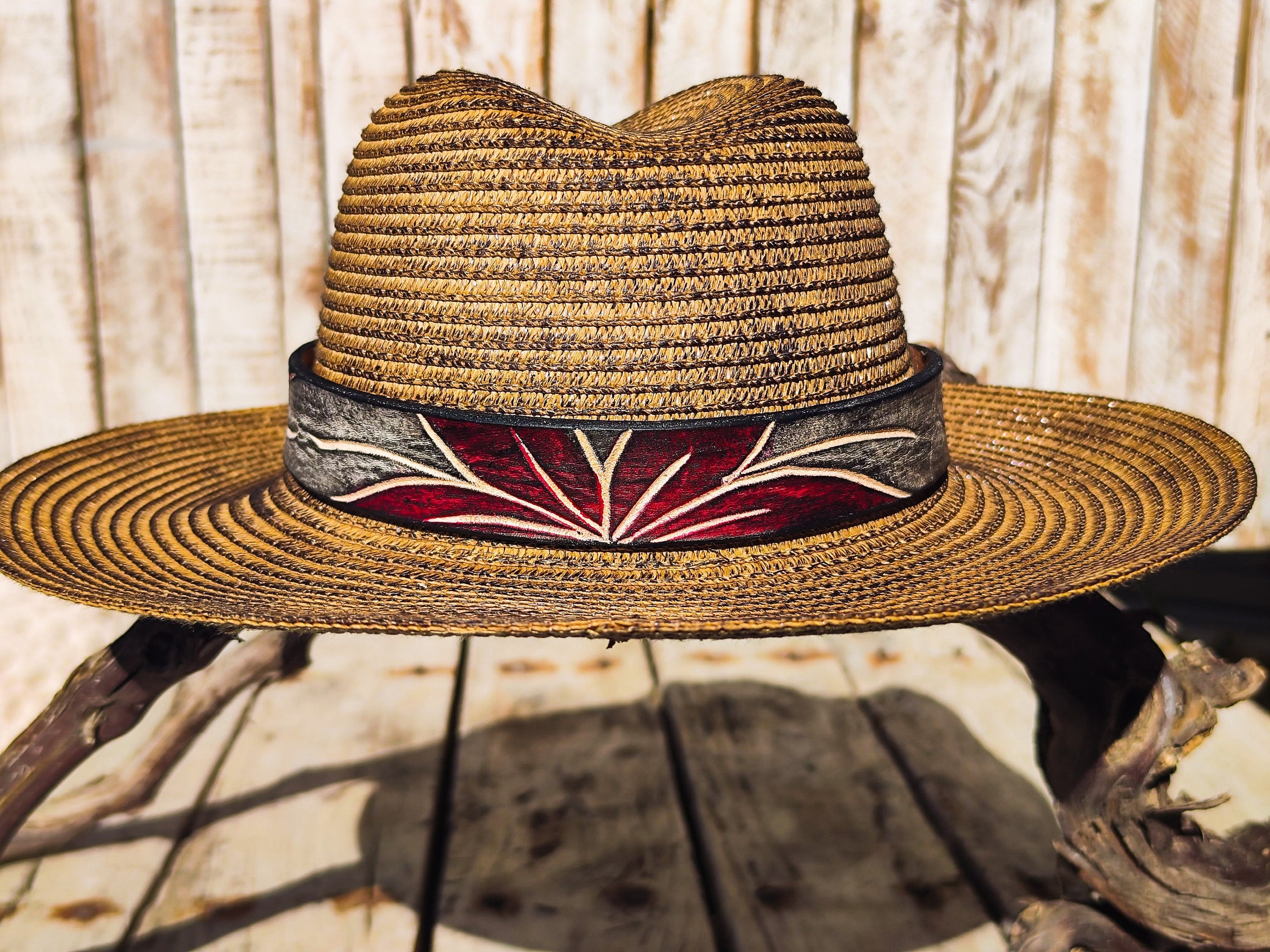 Handcrafted Boho-Chic Straw Hat with Red Flower Brown Leather Band Unique Design