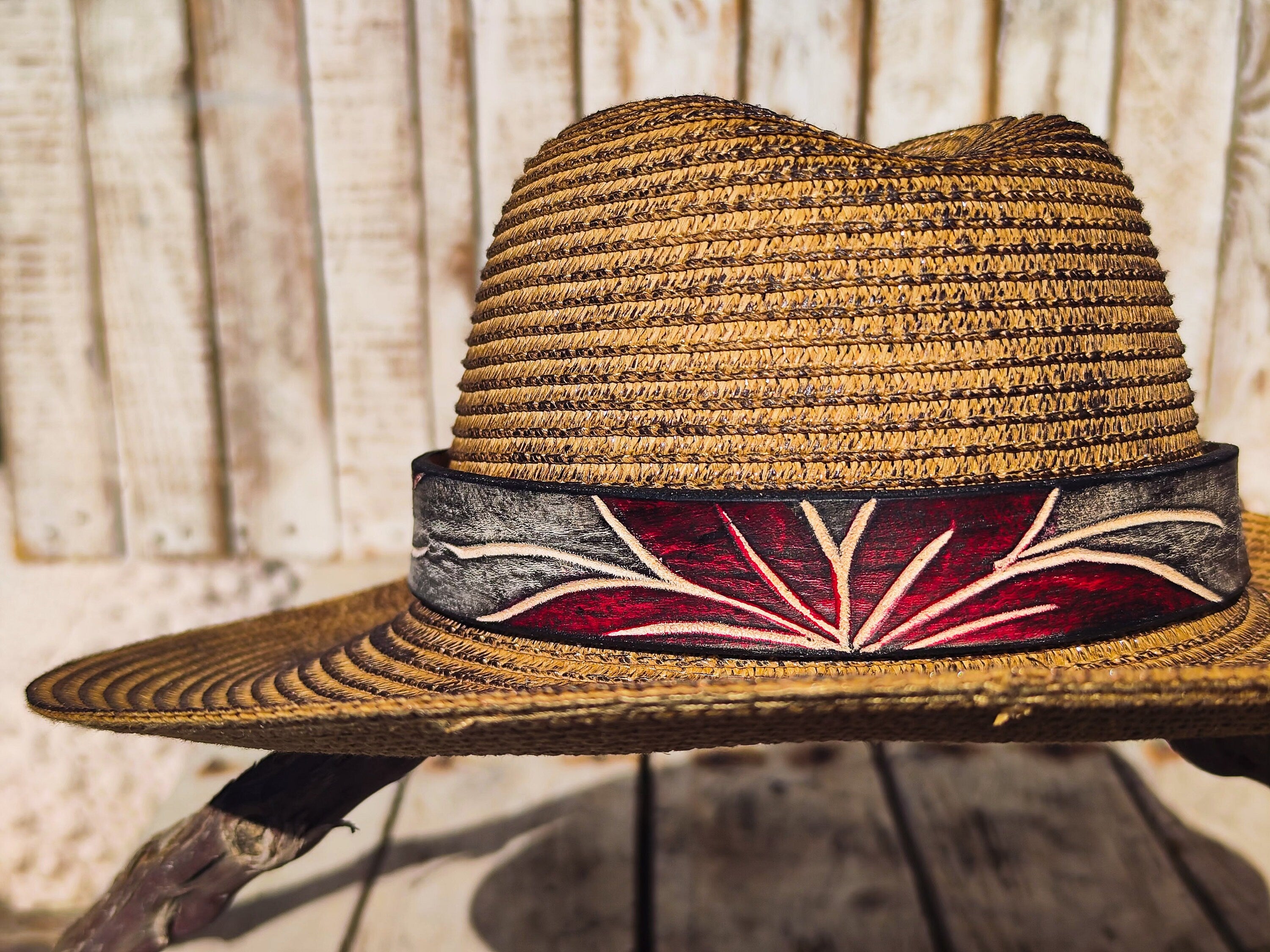 Handcrafted Boho-Chic Straw Hat with Red Flower Brown Leather Band Unique Design