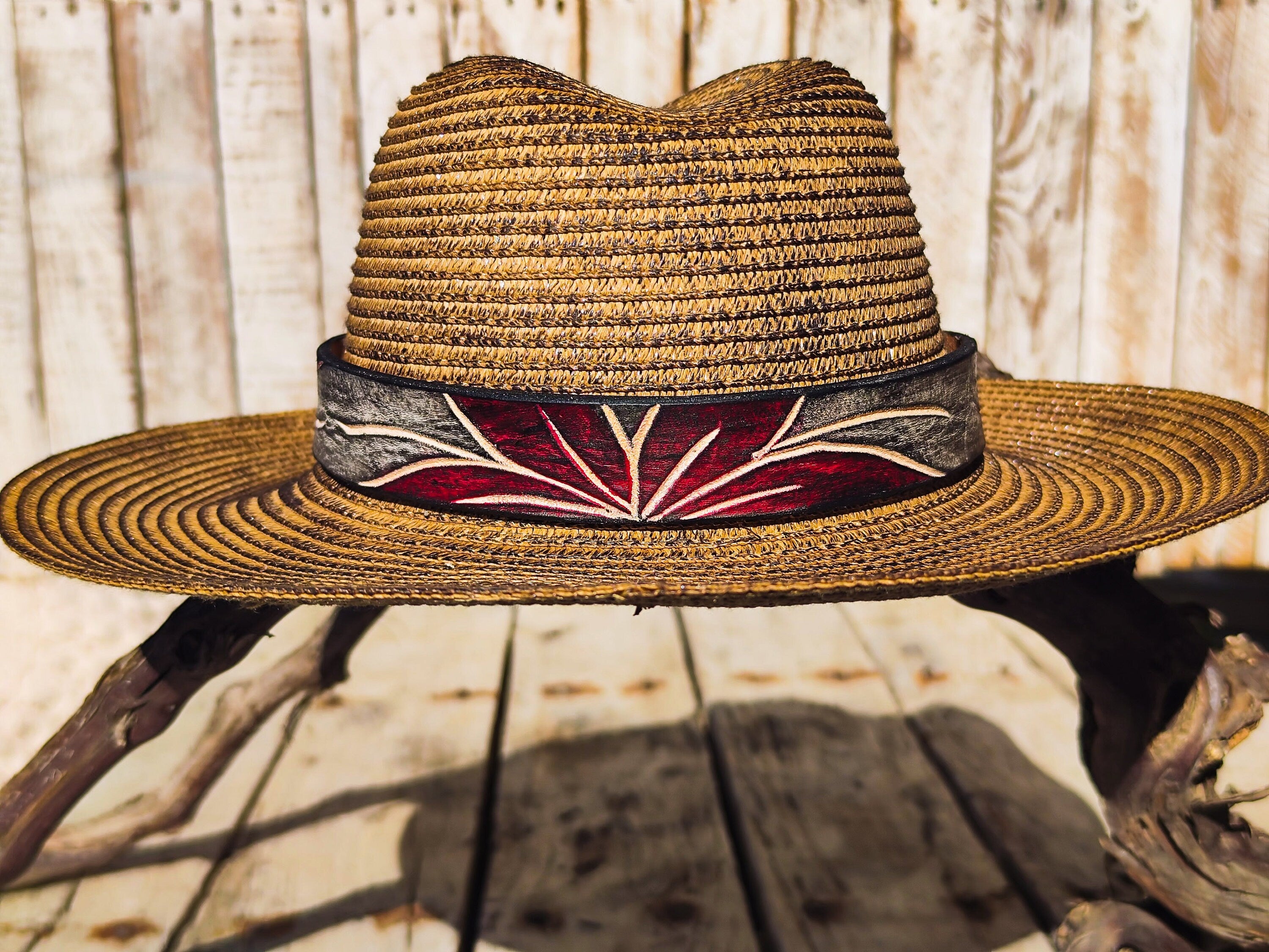 Handcrafted Boho-Chic Straw Hat with Red Flower Brown Leather Band Unique Design