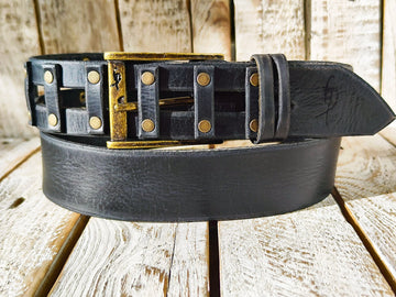 Handmade Black Leather Studded Rocker Belt - Artisan Quality for Men