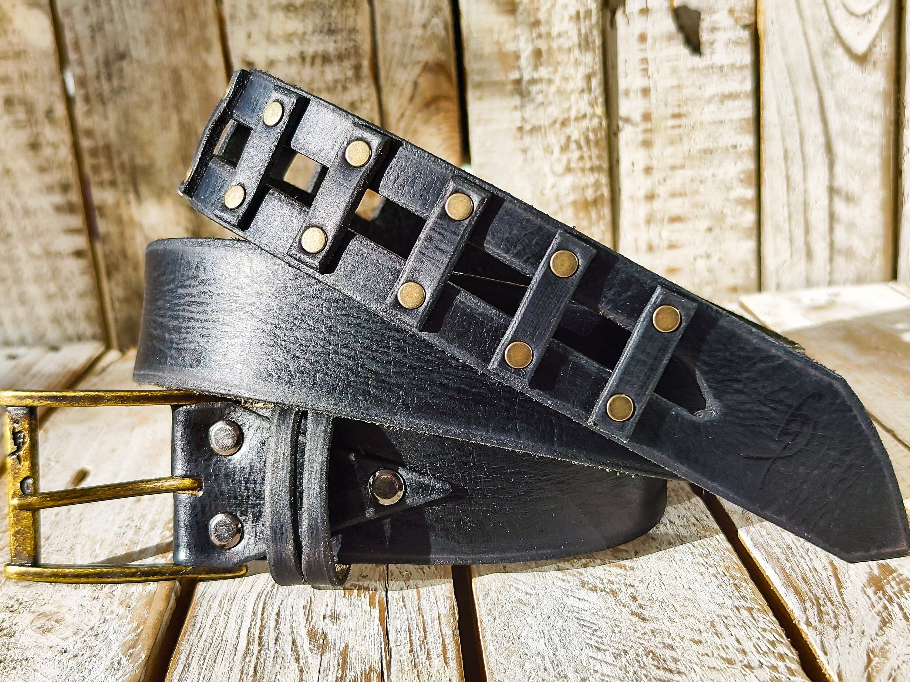 Artisan Leather Mens Belt - Black Riveted Studded Unique Quality Design